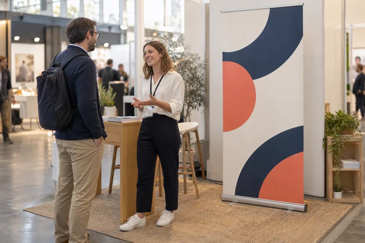 Persönliches Gespräch an einem Messestand mit Rollup – Anwendungsbeispiel